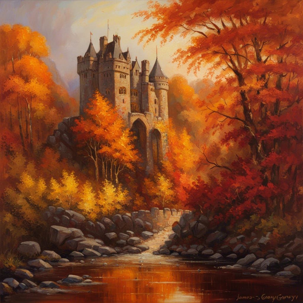 Highland Castle in Autumnal Forest: Oil Painting