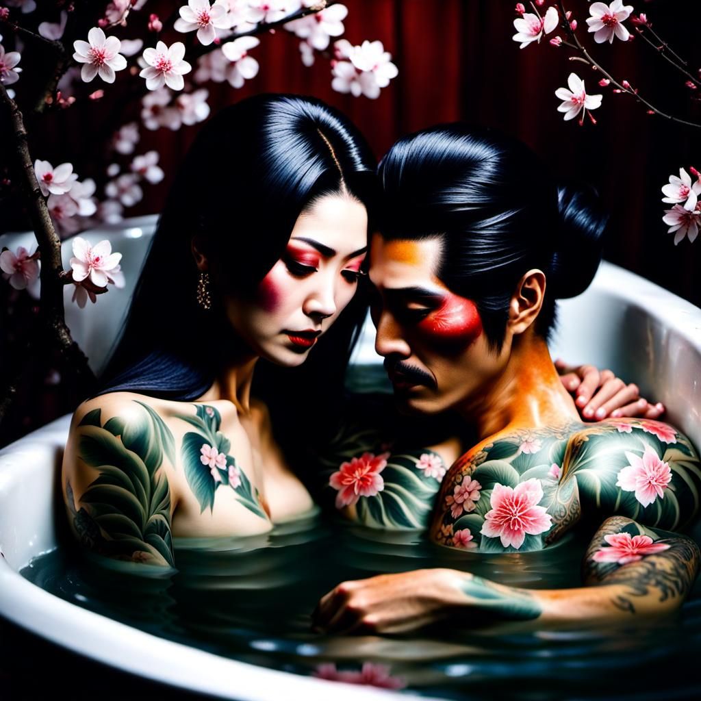 Intimate Bath Scene: Japanese Couple in Edo Japan