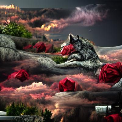 Wolf Wrapped in Red Roses Under Moonlight