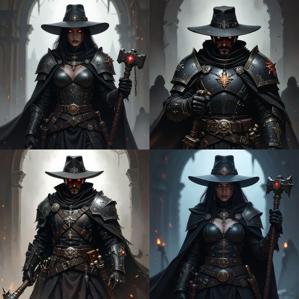 Grim Warhammer Inquisitor in Dark Leather Armor, Holding Glo...