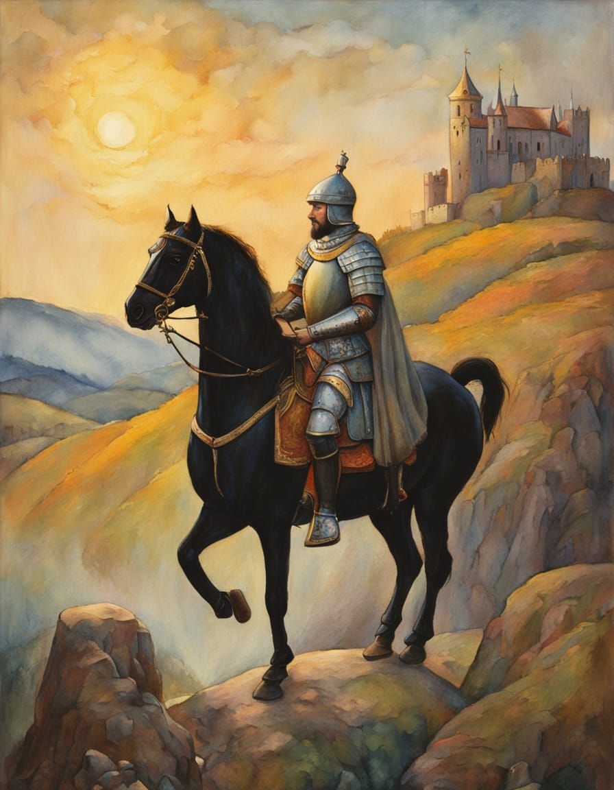 Majestic Galahad on Black Horse, Holding the Holy Grail in a...