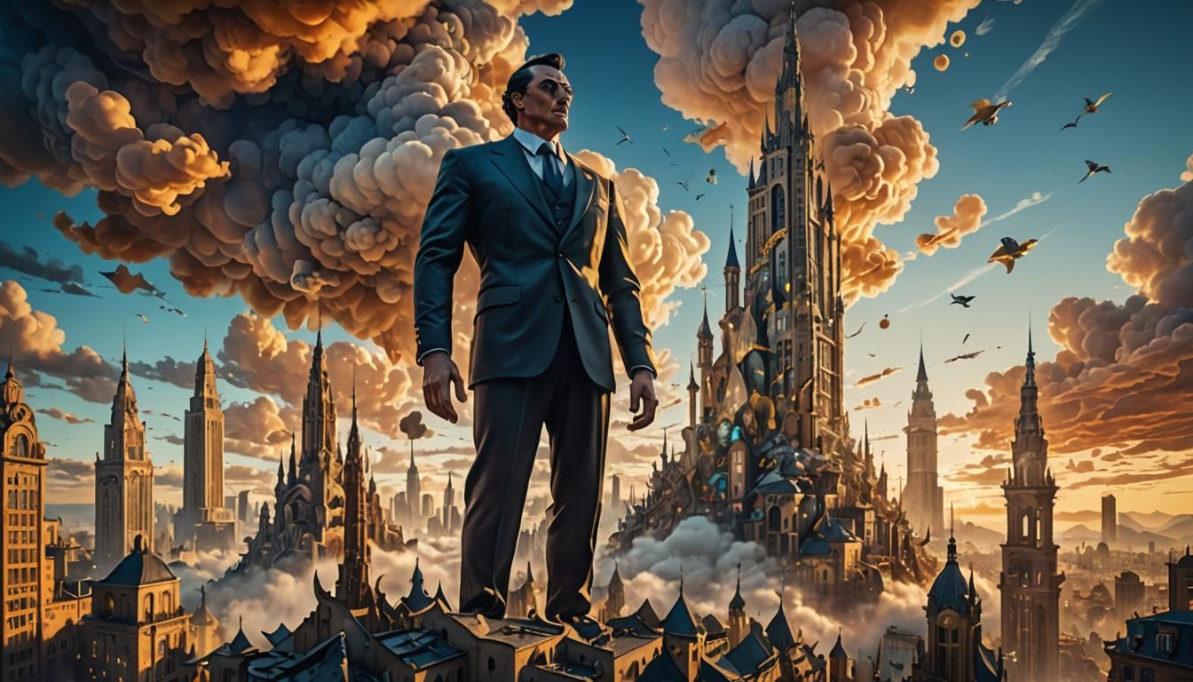 Surreal Cityscape with Colossal Figure in Golden-Hour Lighti...