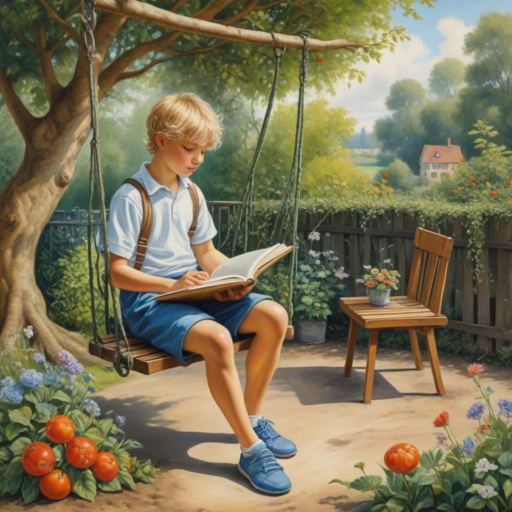 Boy Reading on Swing in Garden, Acrylic Painting