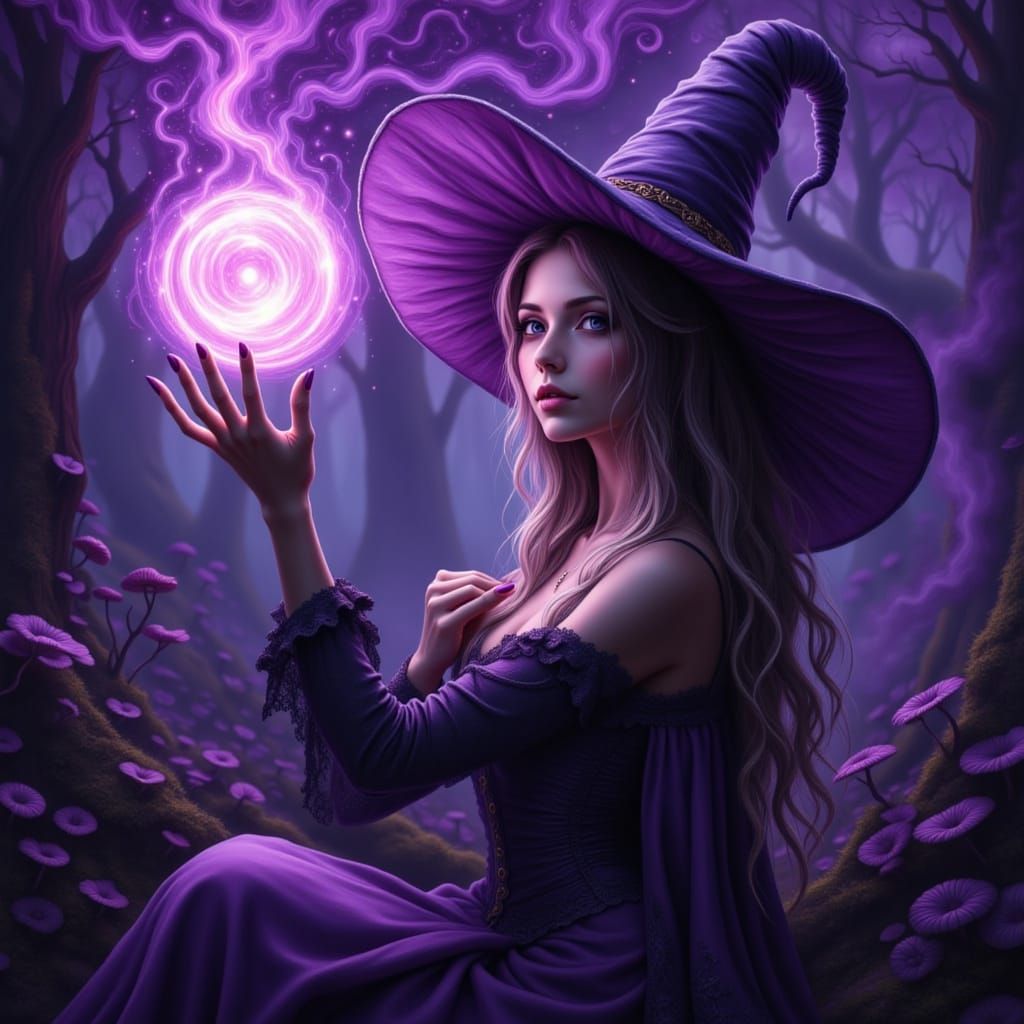 Mysterious Witch Casting Spell in Swirling Colors