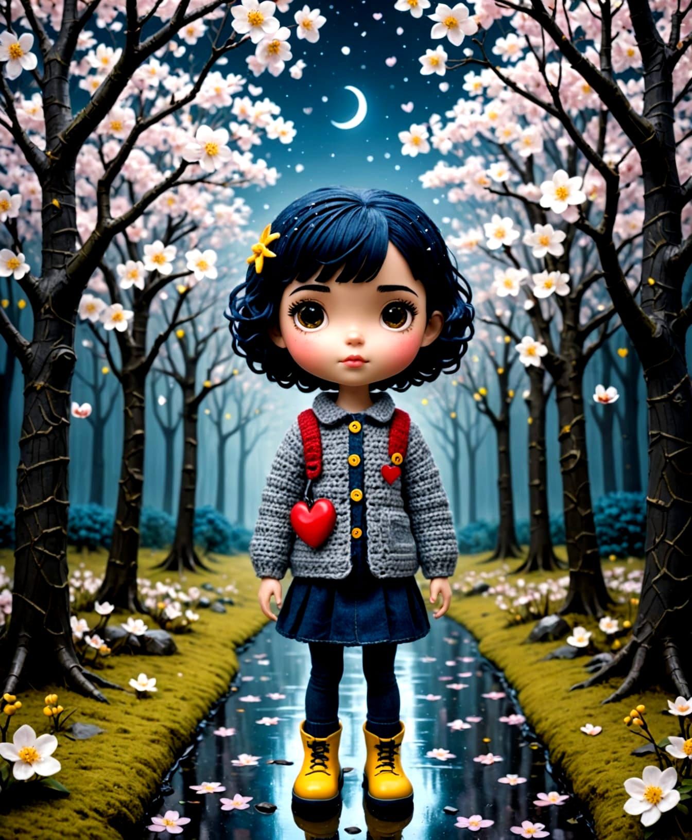 Chibi Coraline in Cherry Blossom Forest Night