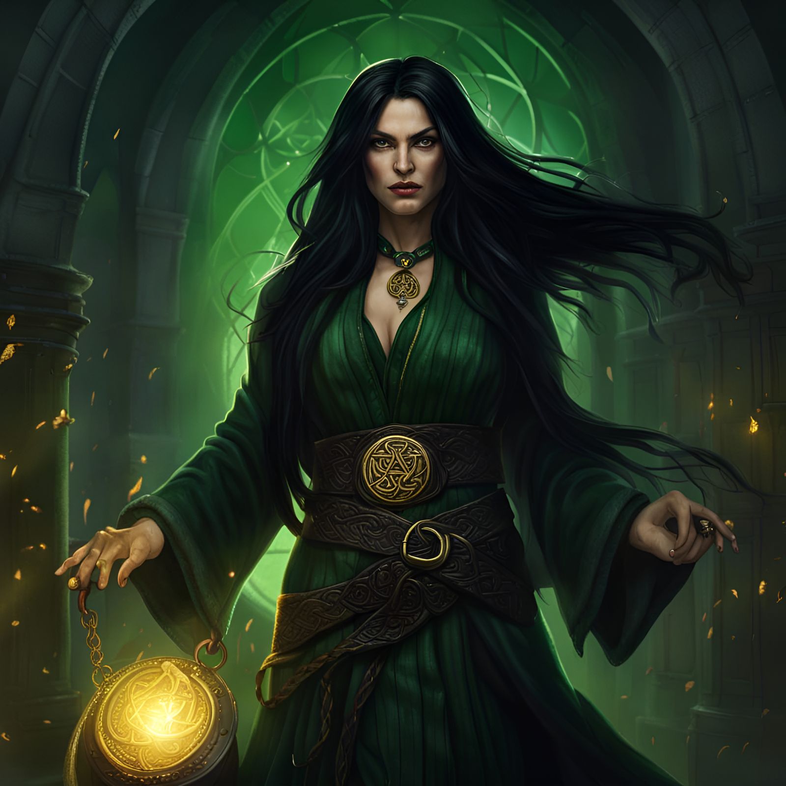 Sorceress in Green Robes, Dark Fantasy Art