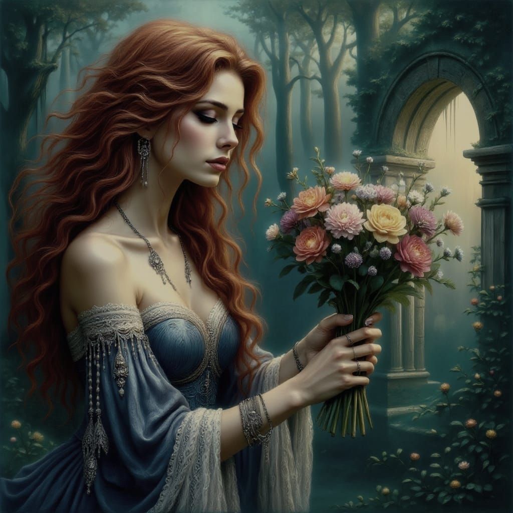 Ethereal Woman at Forest Portal in Romantic Digital Art