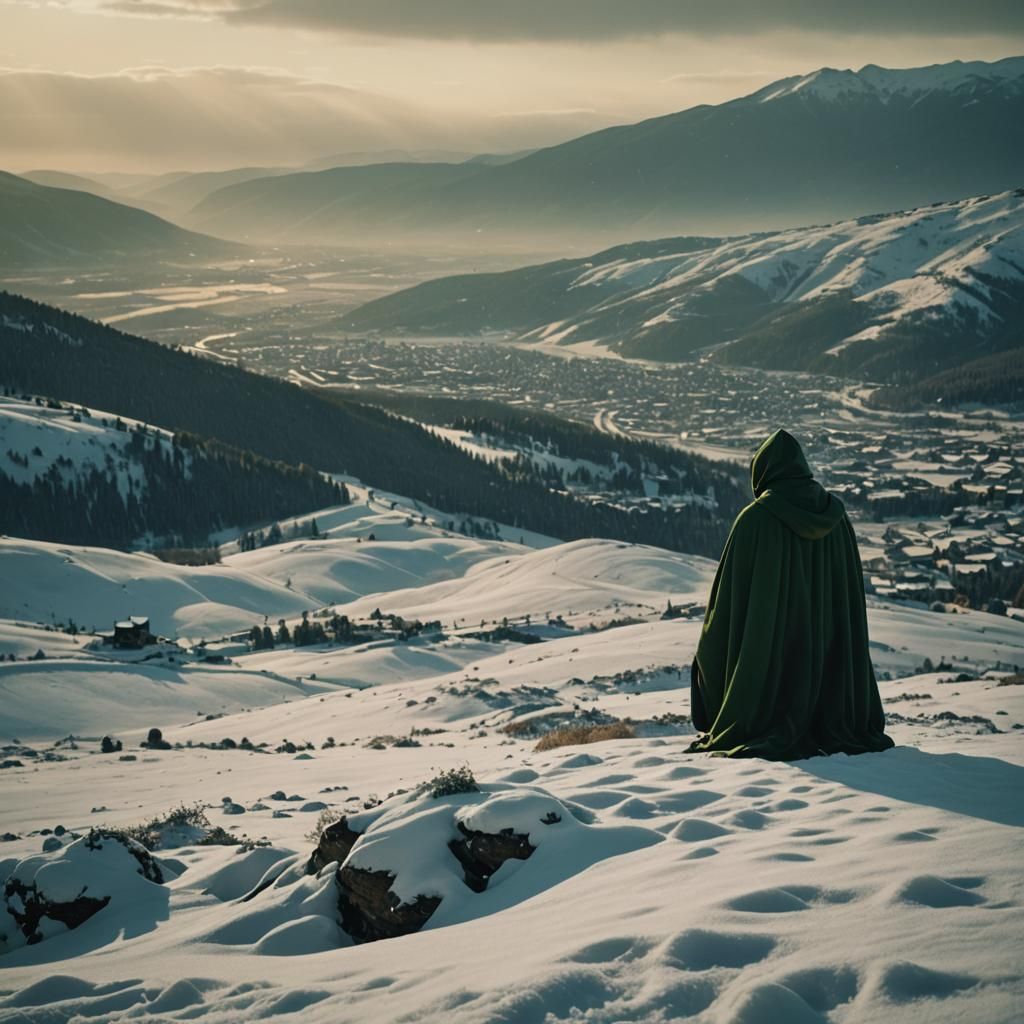 Lone Figure Observes Snowy Valley in Golden Light