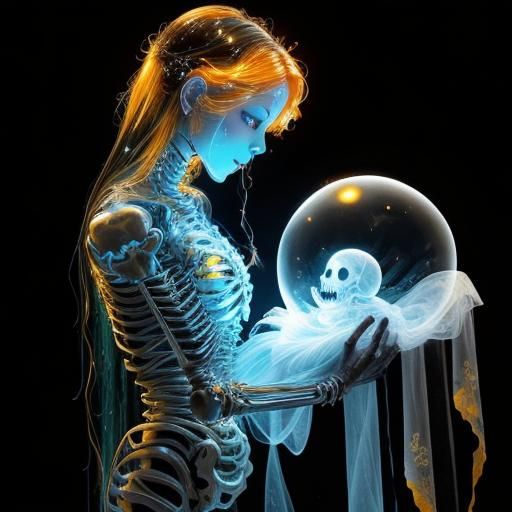 Luminescent Ghost with Skeleton Baby in Watercolor Art