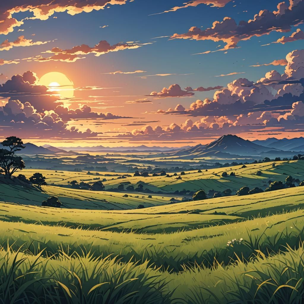 Anime Sunset Over Grassy Plain, Cel-Shaded Style