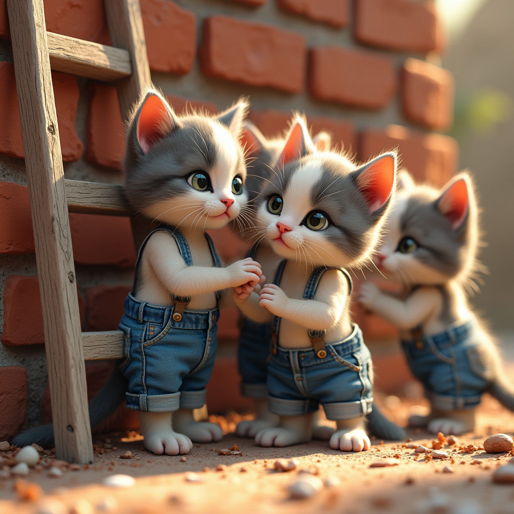 Kittens Constructing Brick Wall, Whimsical Matte Painting