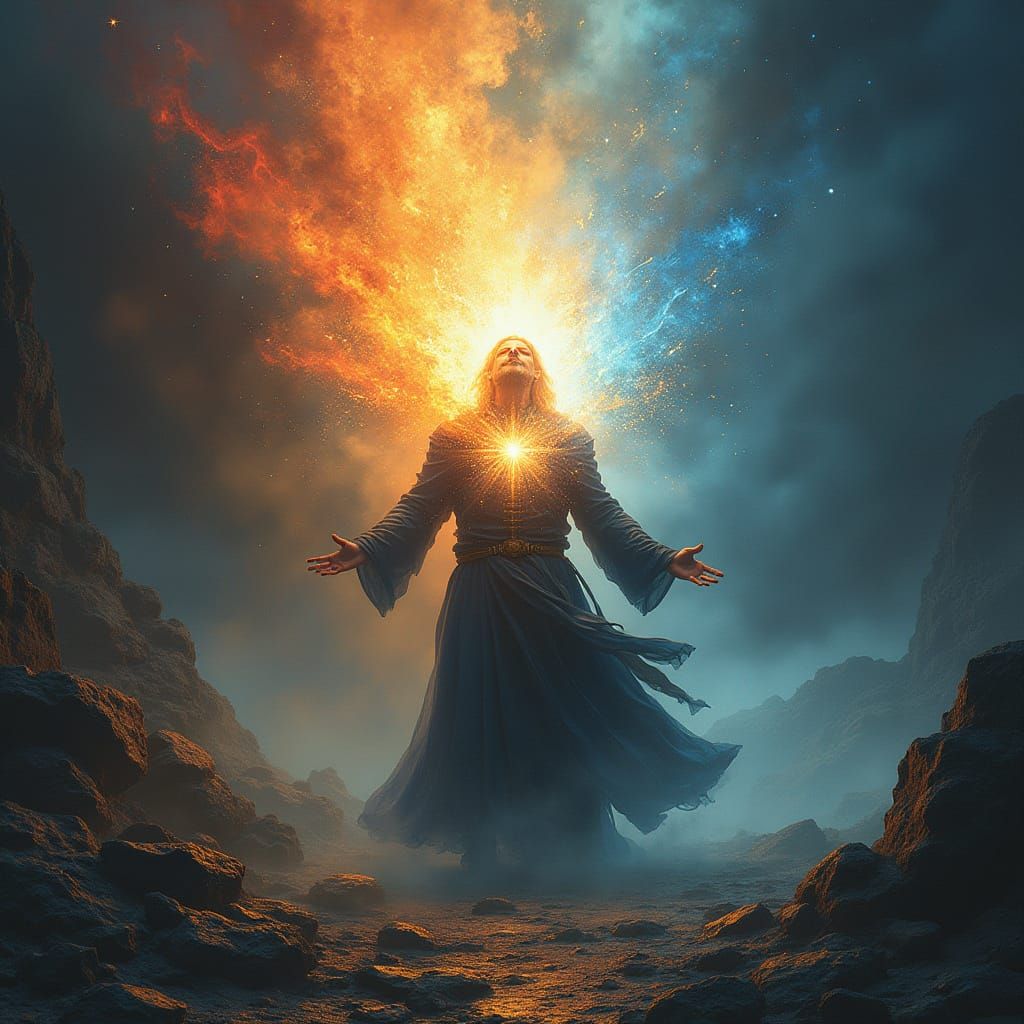 Mystical Figure Purifies Stone with Elemental Light