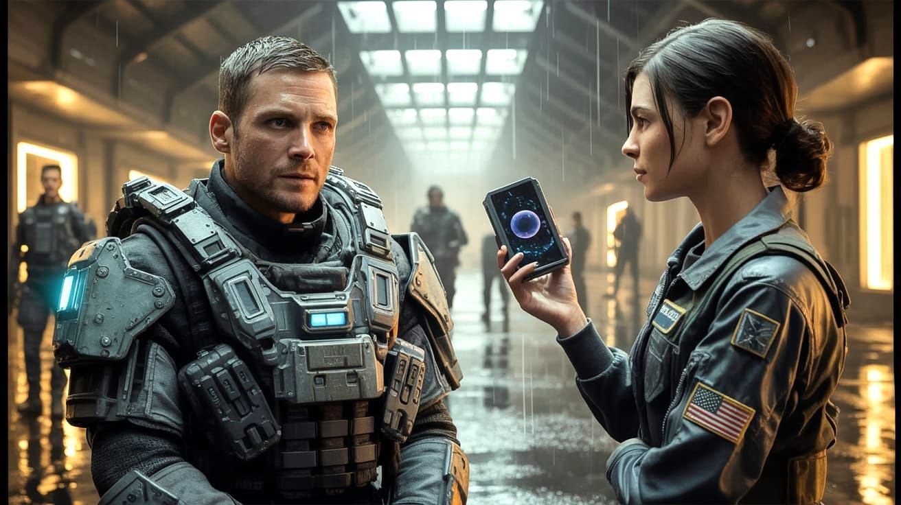 Sci-Fi Soldier Confronts Officer in Rain-Slicked Corridor
