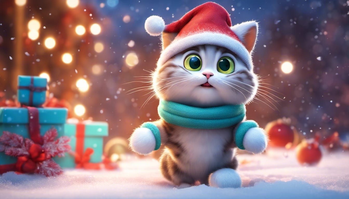 Funny Christmas Cat Playing in Snow: 3D Digital Art