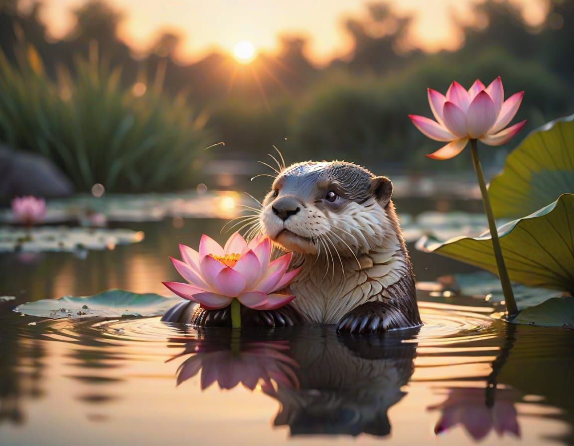 Surreal Pink Lotus Blooms with Gently Sniffing Otter