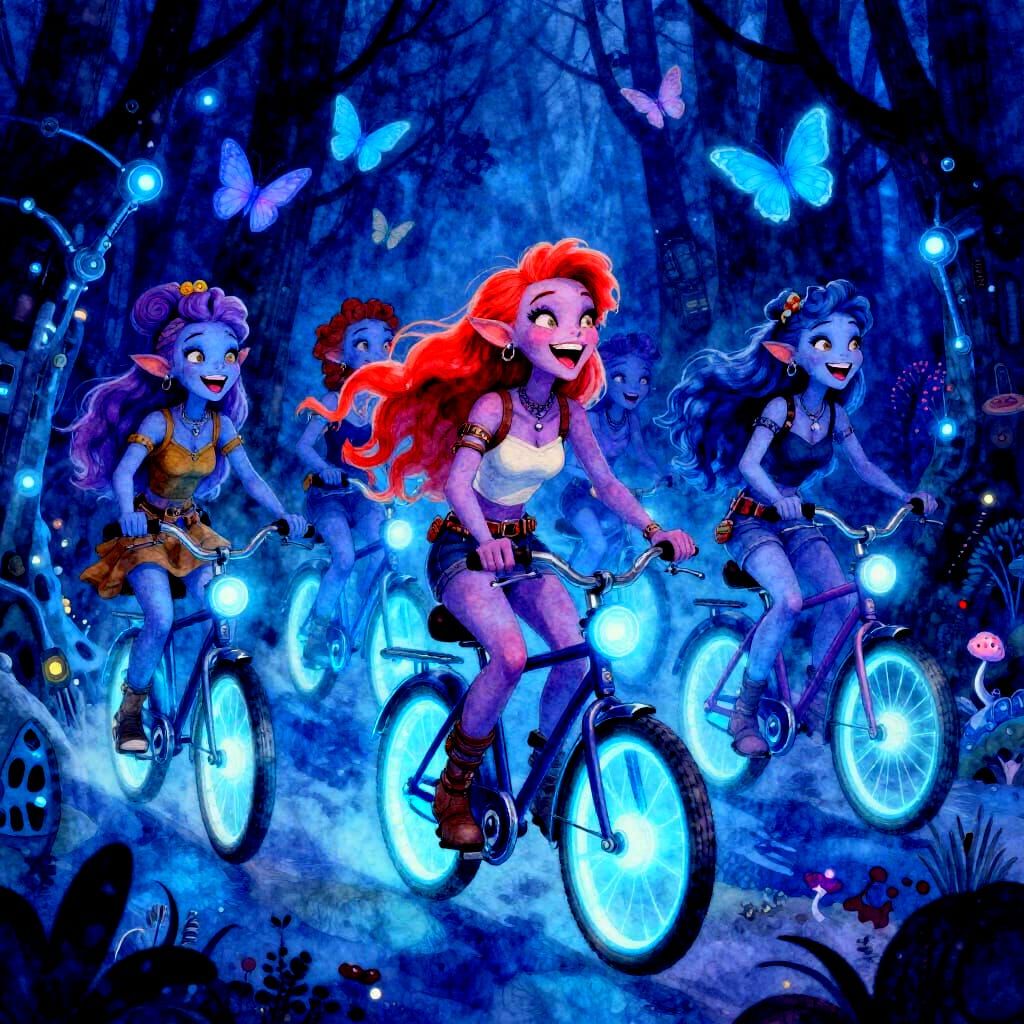 Dieselpunk Princesses Ride Hovering Bicycles in Glowing Fore...
