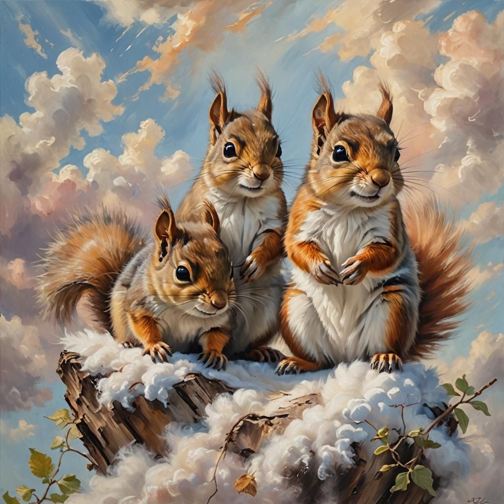 Squirrels Play on Cloud in Pastel Oil Painting