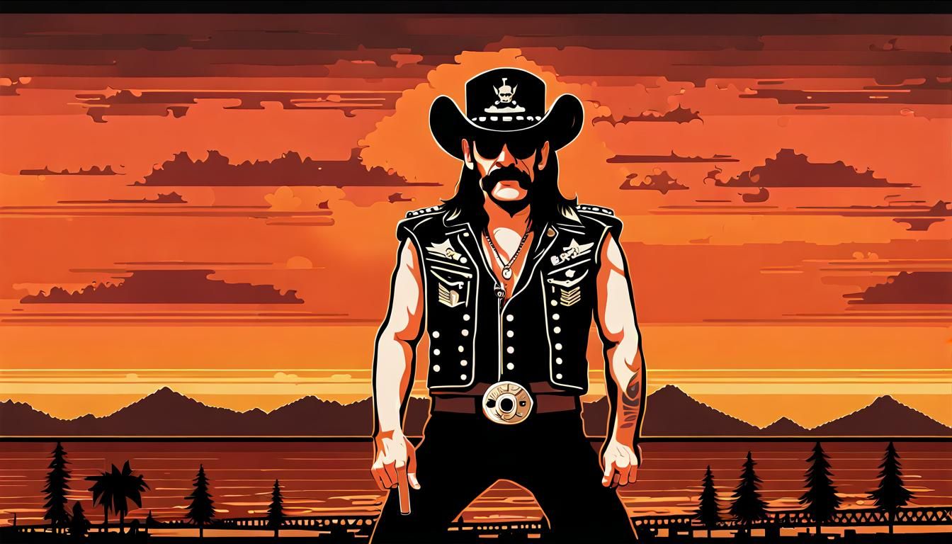 Lemmy killmister motorhead sunset orange epic movie poster art  pixel art