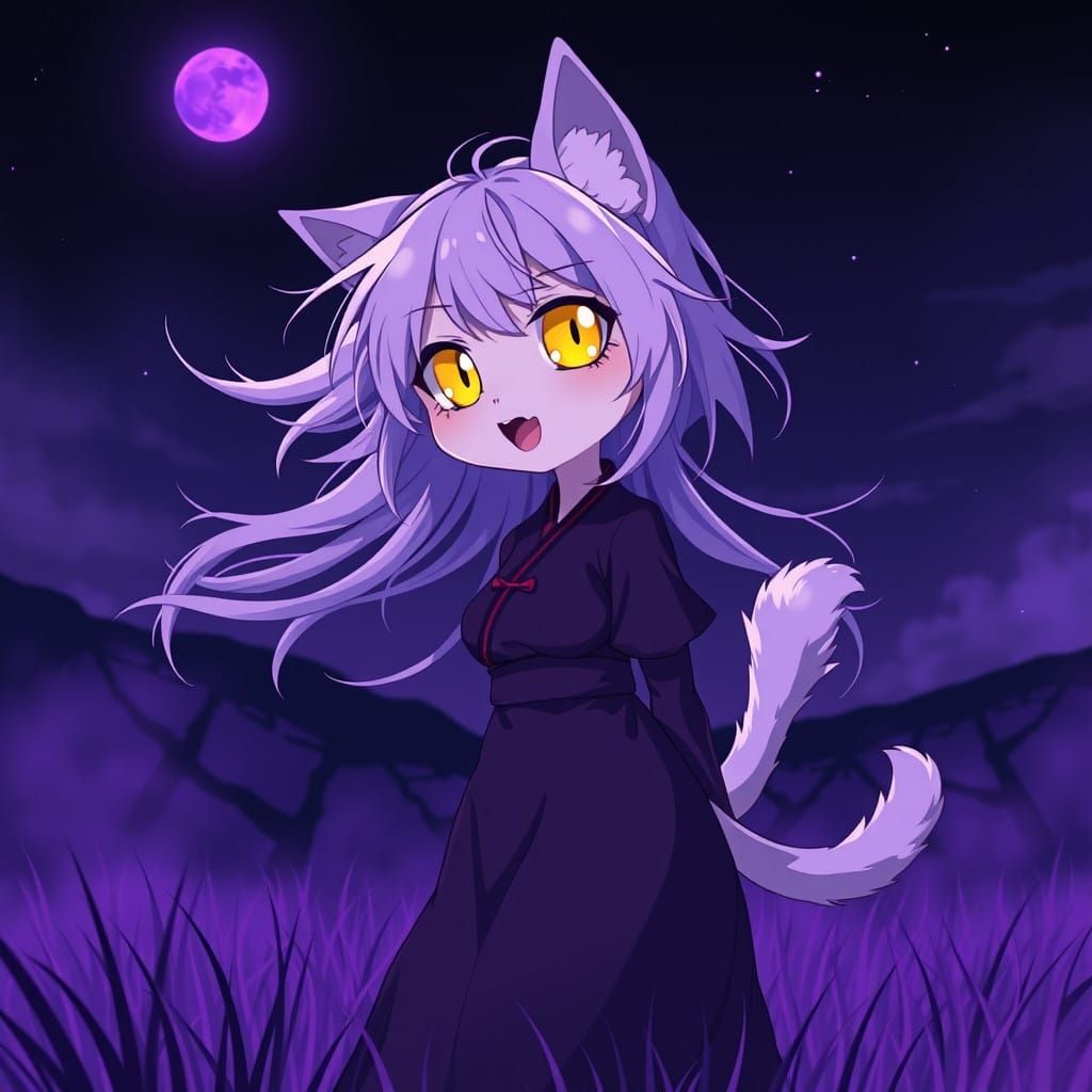 Synthwave Anime Catgirl Dances Under the Purple Moon