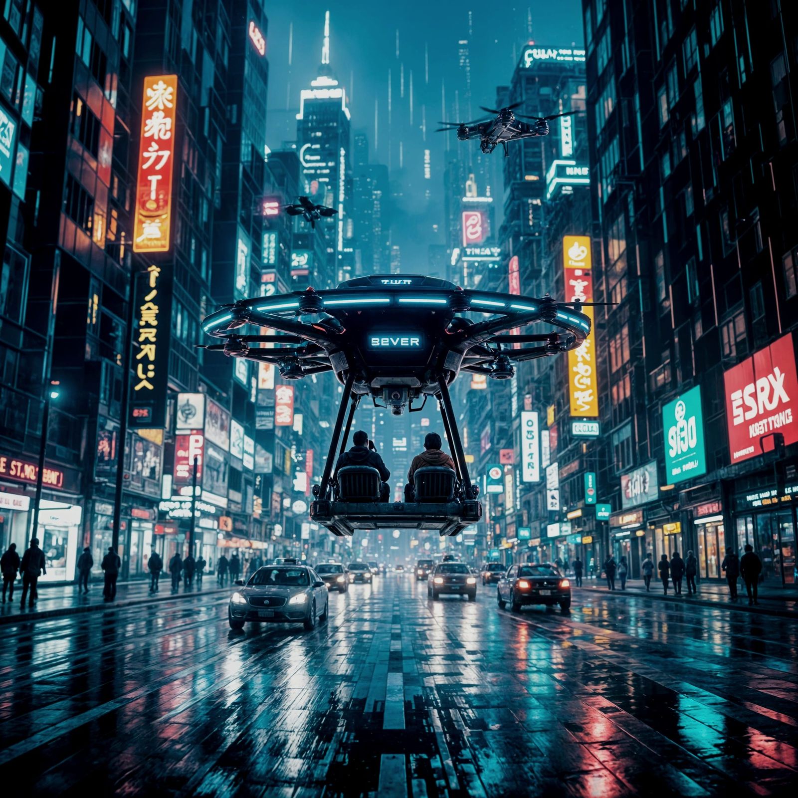 Cyberpunk Drone Taxi Over Neon City at Night