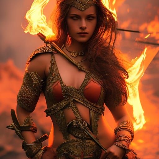 Barbarian Woman Ablaze in Moonlight, Digital Matte Painting