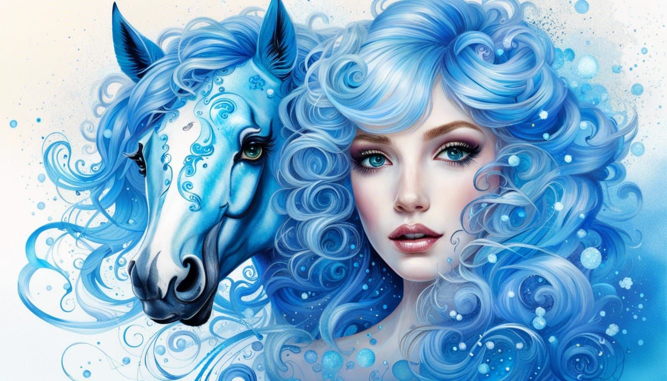 Magical Blue Pony with Marbled Hair in Digital Art