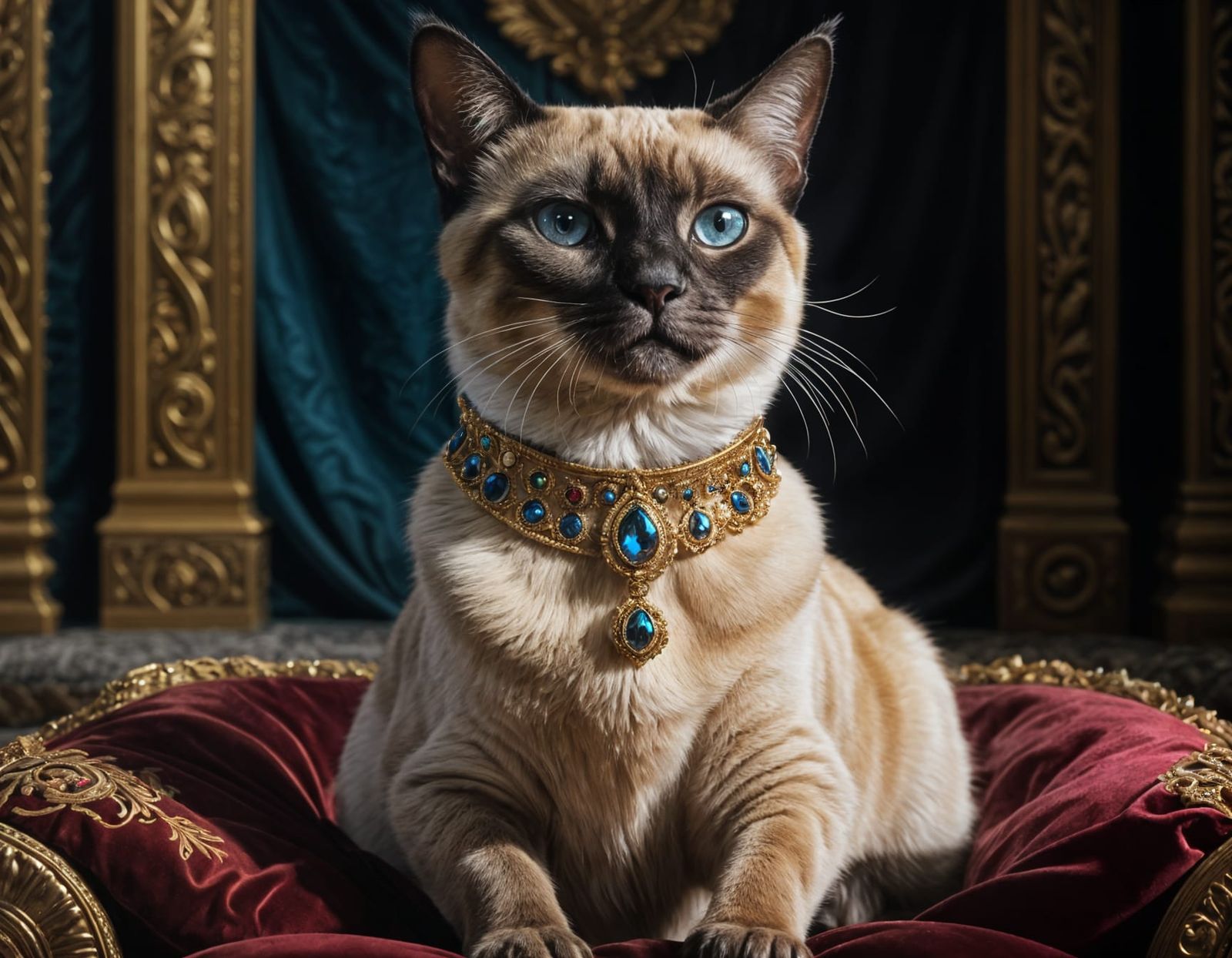 Regal Siamese Cat in Palace, Oil Painting