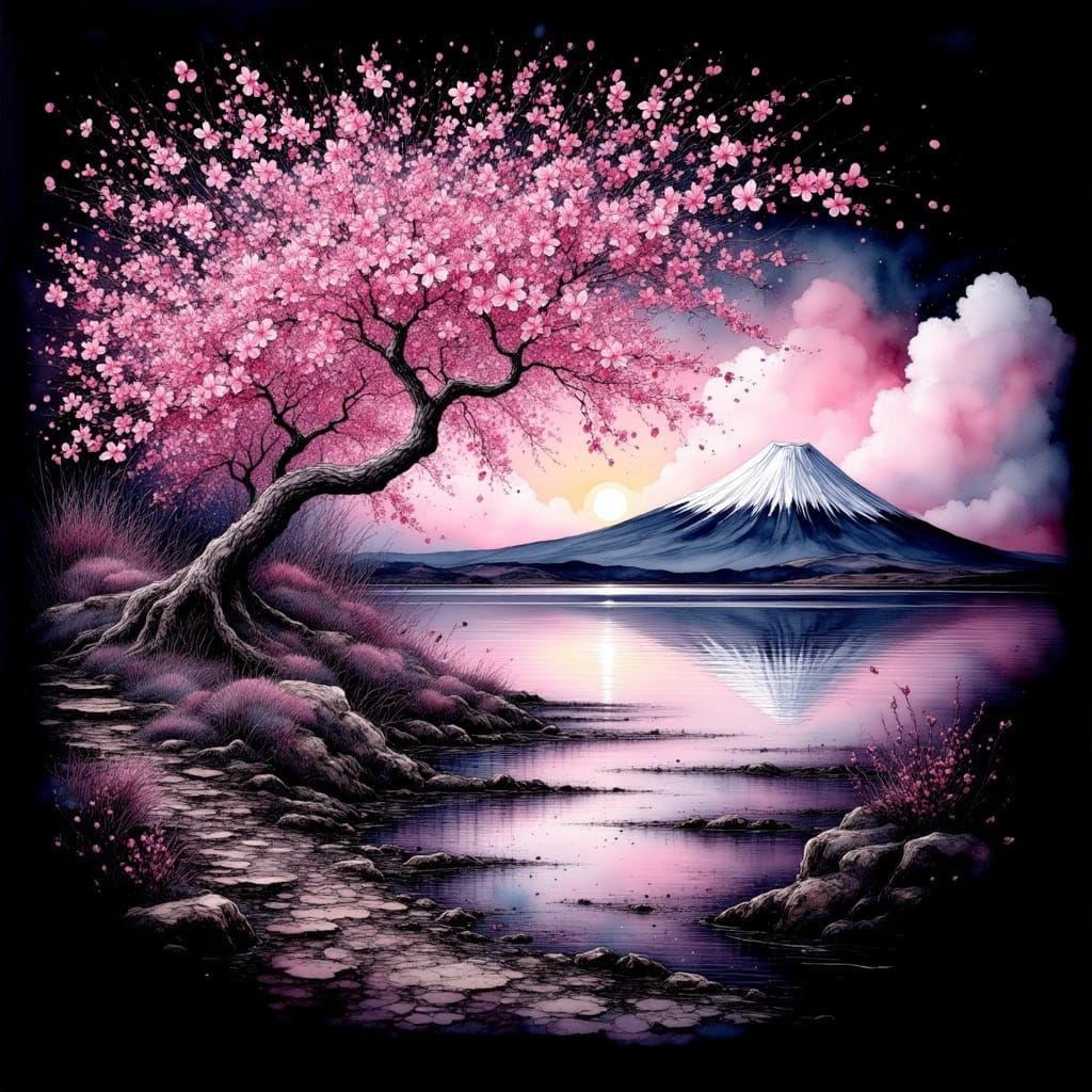Cherry Blossom Tree with Mt Fuji in Japanese Art Style