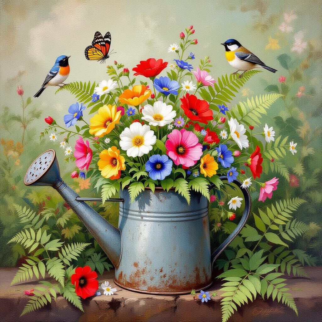 Wildflowers in Antique Watering Can with Birds and Butterfli...