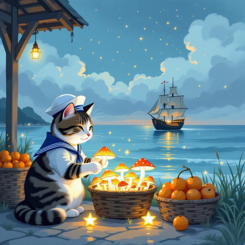 Whimsical Cat Arranges Bioluminescent Mushrooms by Sea