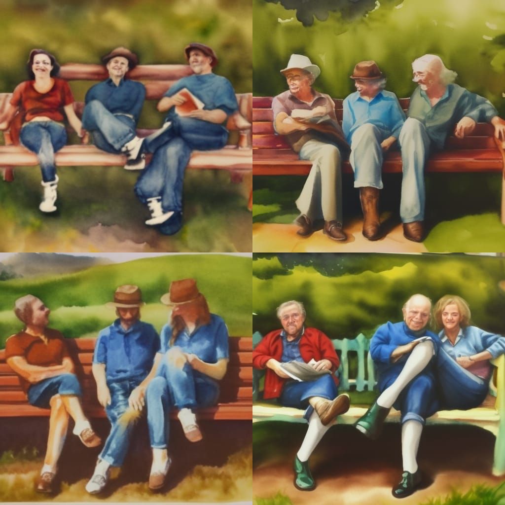 Watercolor Painting of Old Friends on Park Bench