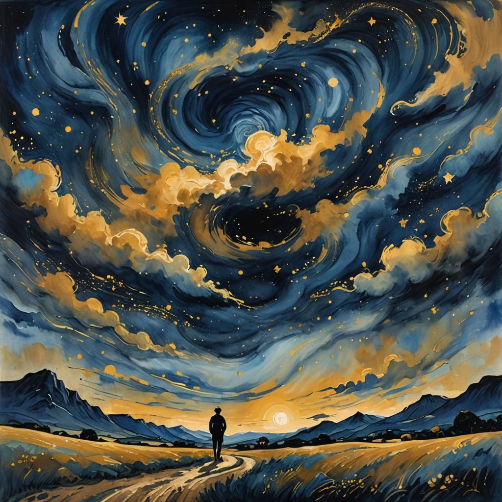 Ink Painting of Figure Under Swirling Starry Sky