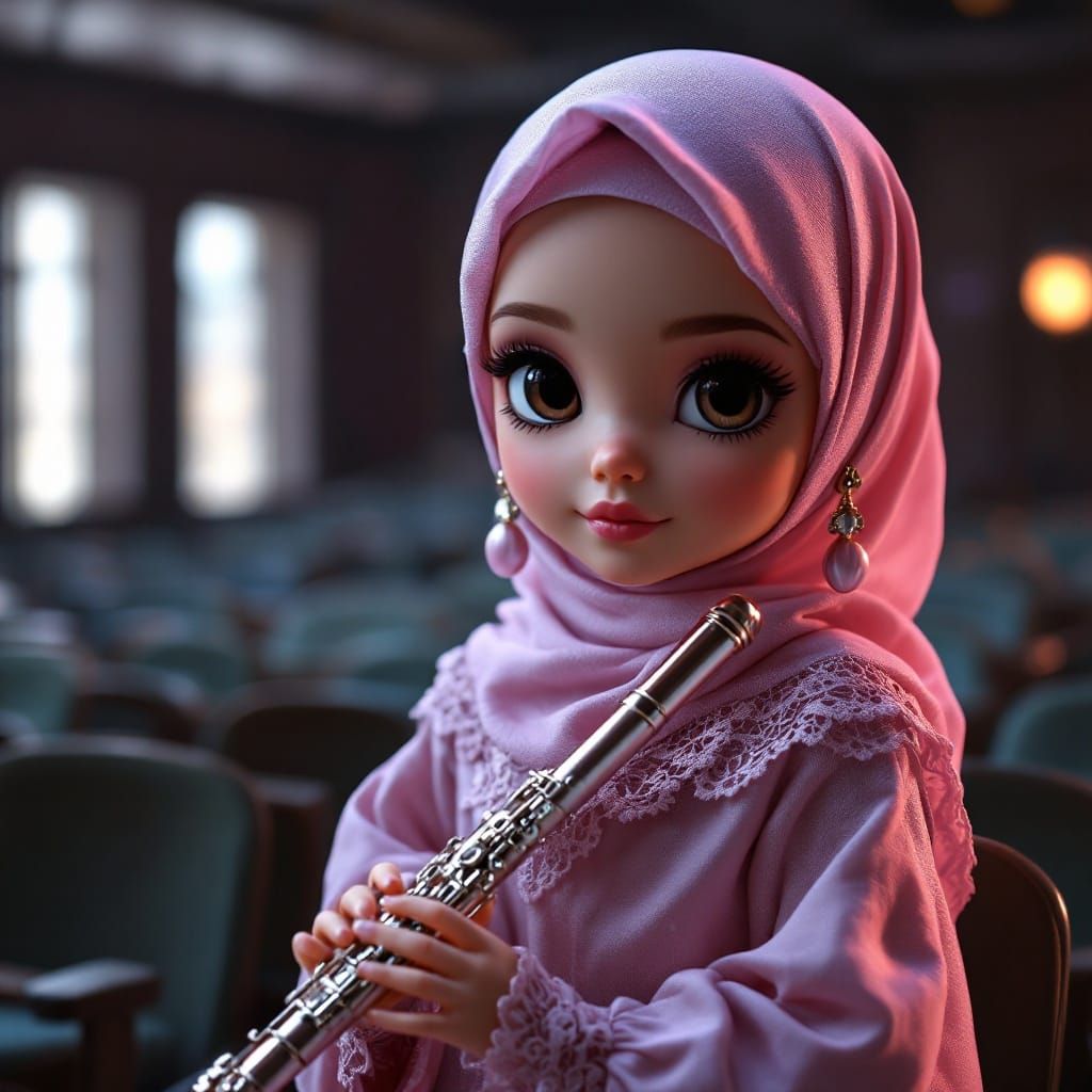 Stunning Doll in Delicate Pink Hijab, Holding Miniature Flut...