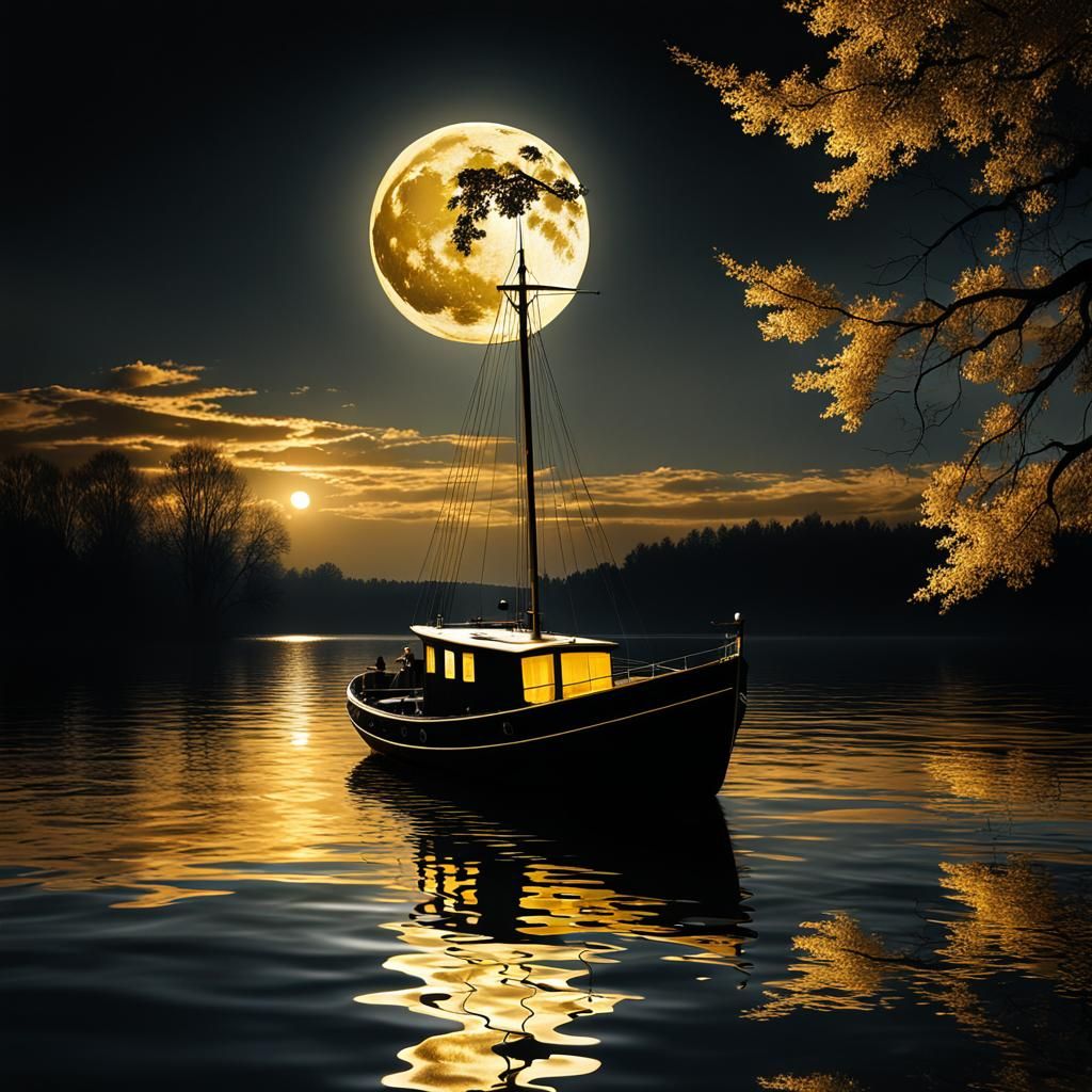 Surreal Golden Moon Illuminates Lake at Night