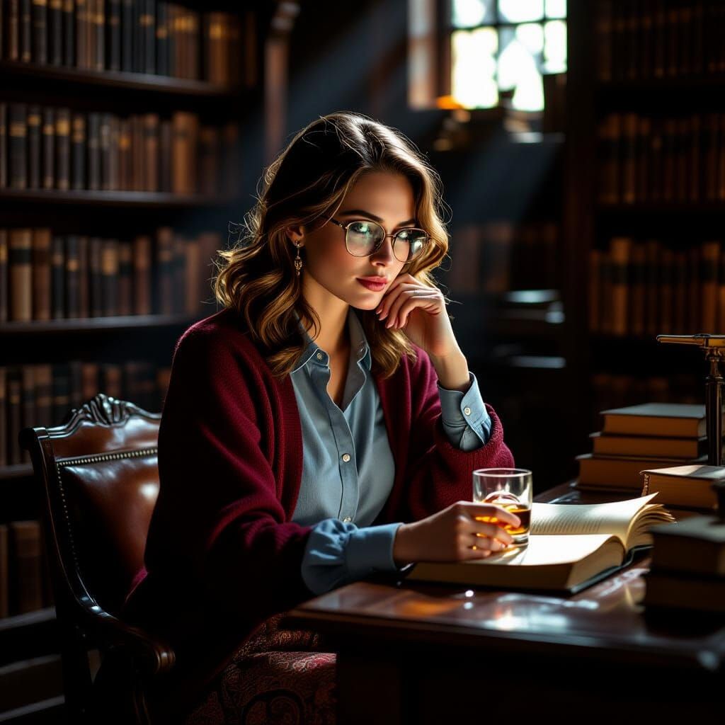 Woman in Antique Library Contemplating Whiskey, Rembrandt St...