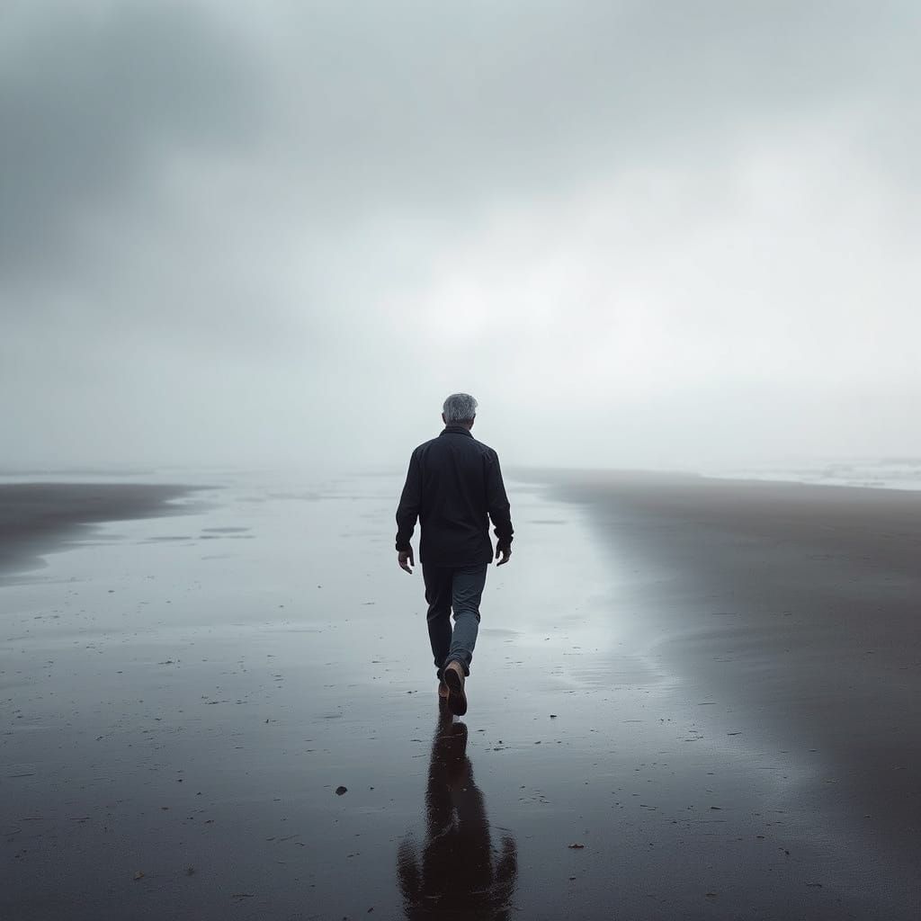 A Lonely Man Walks Along a Desolate Beach at Dawn