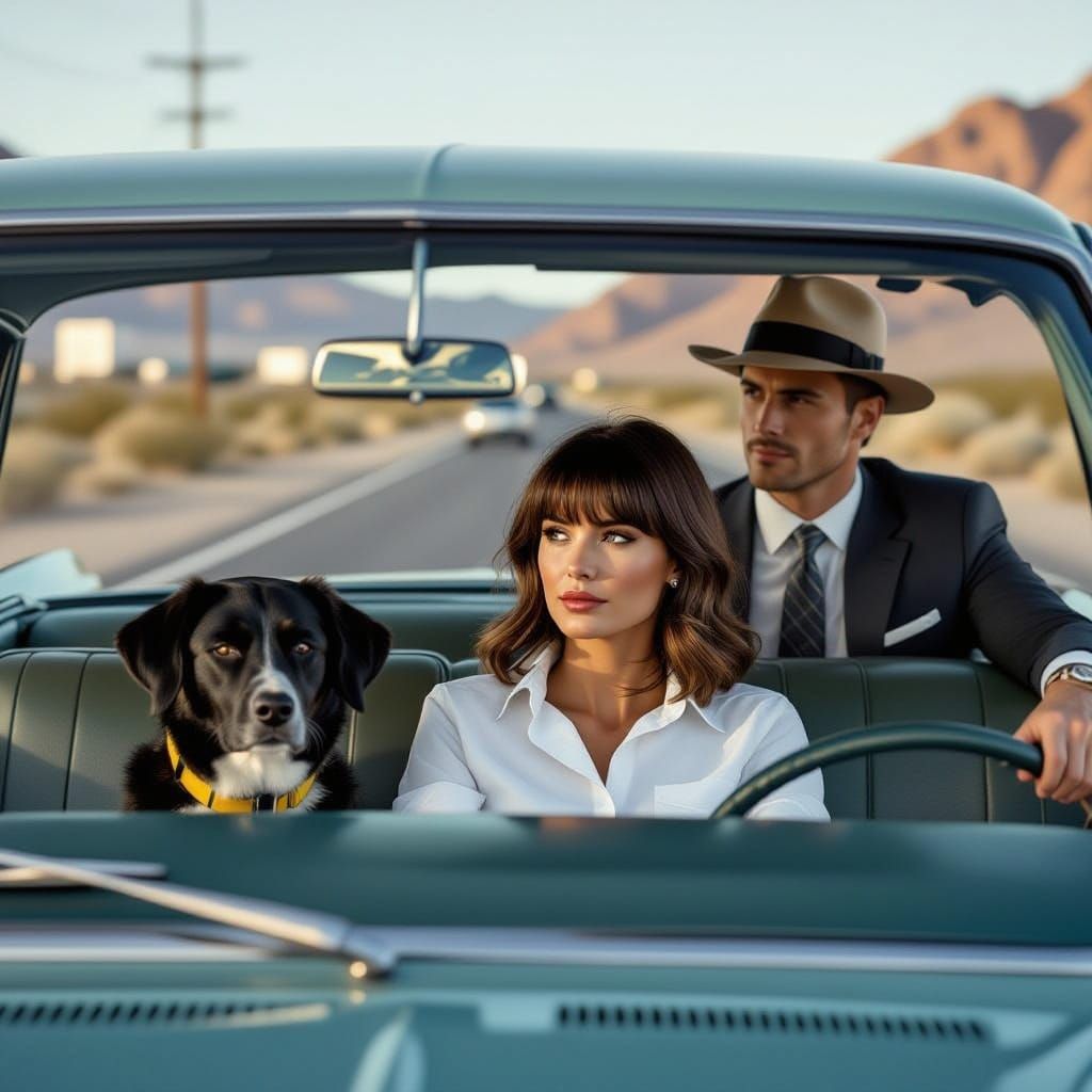 Vintage-Style Woman and Dog in Desert Landscape