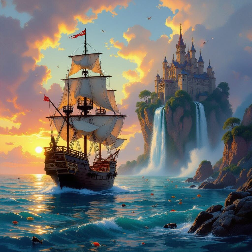 Majestic Galleon Sails to Mystical Floating Island at Sunris...