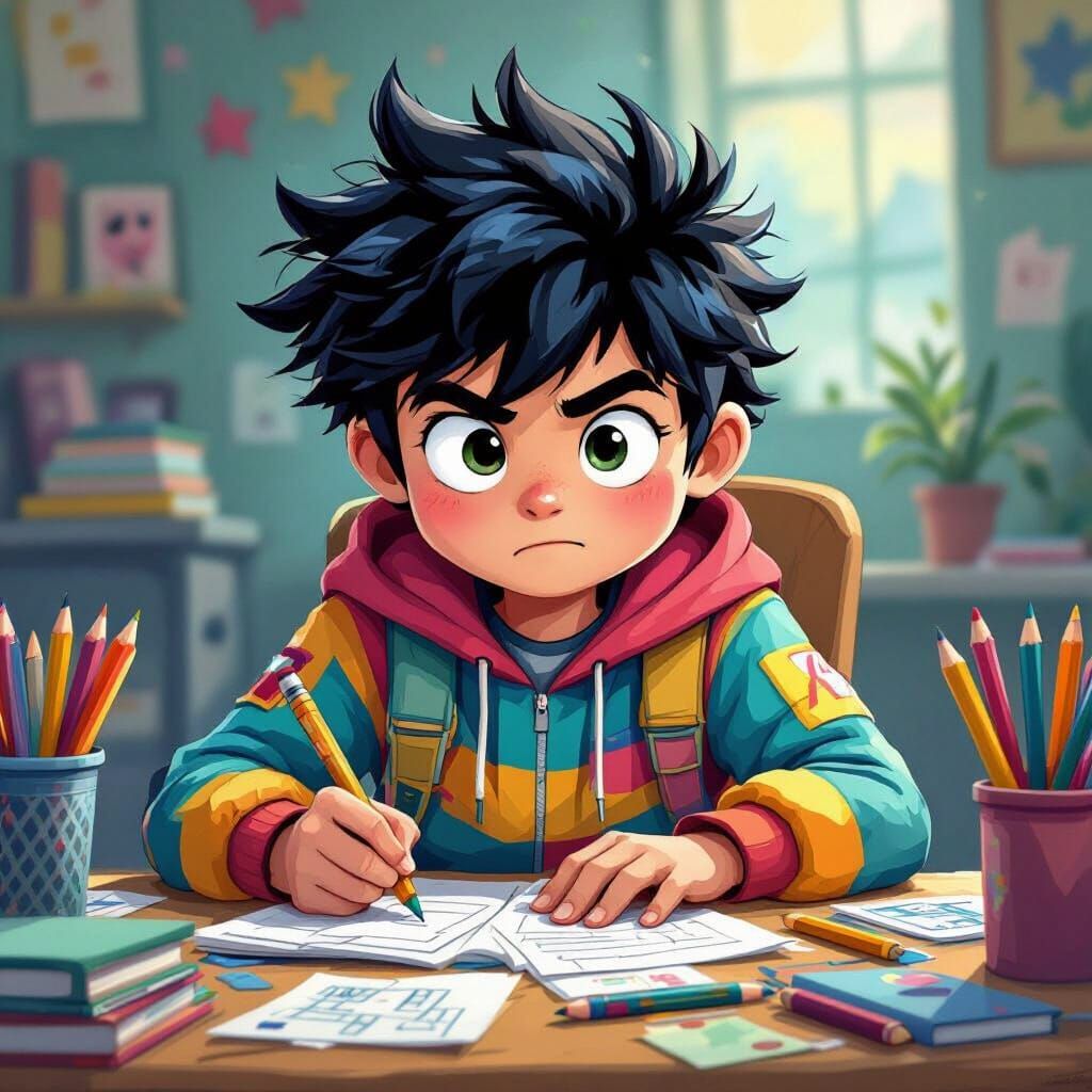 Cartoon Boy Intensely Focusing on Homework