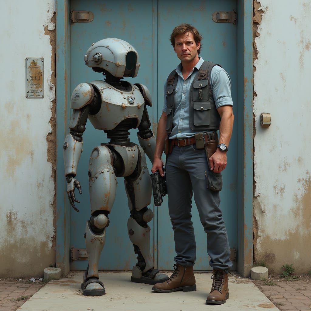 Photorealistic Portrait of Man and Robot by Blast Door