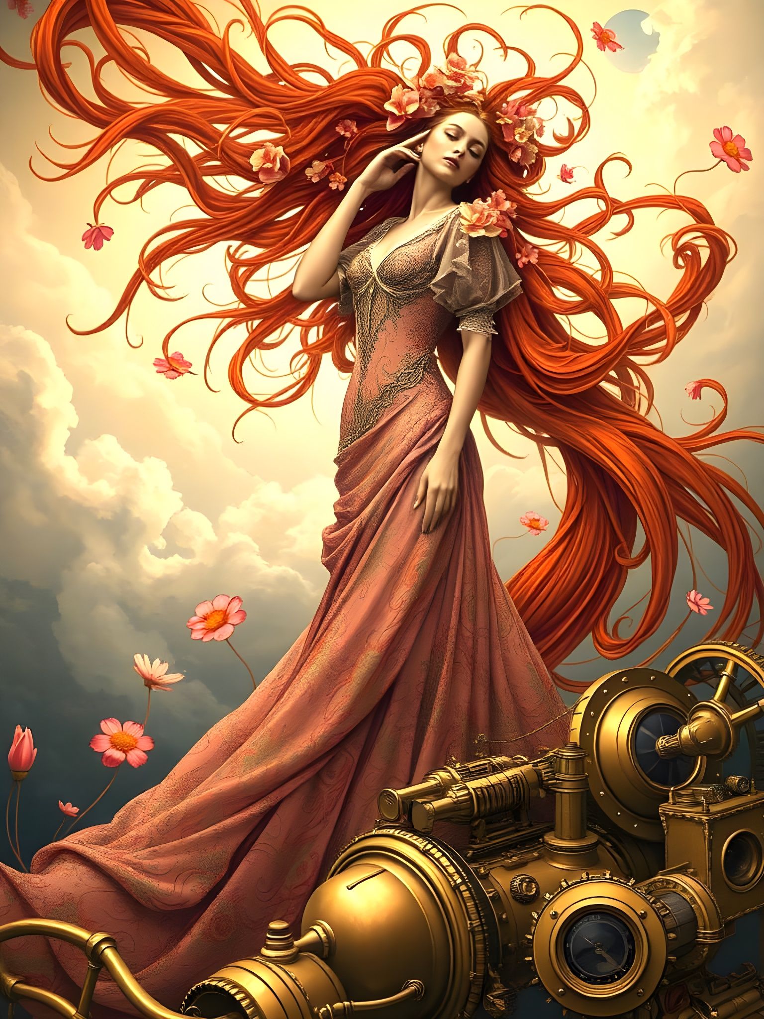 Ethereal Auburn Goddess in Whimsical Steampunk Realm