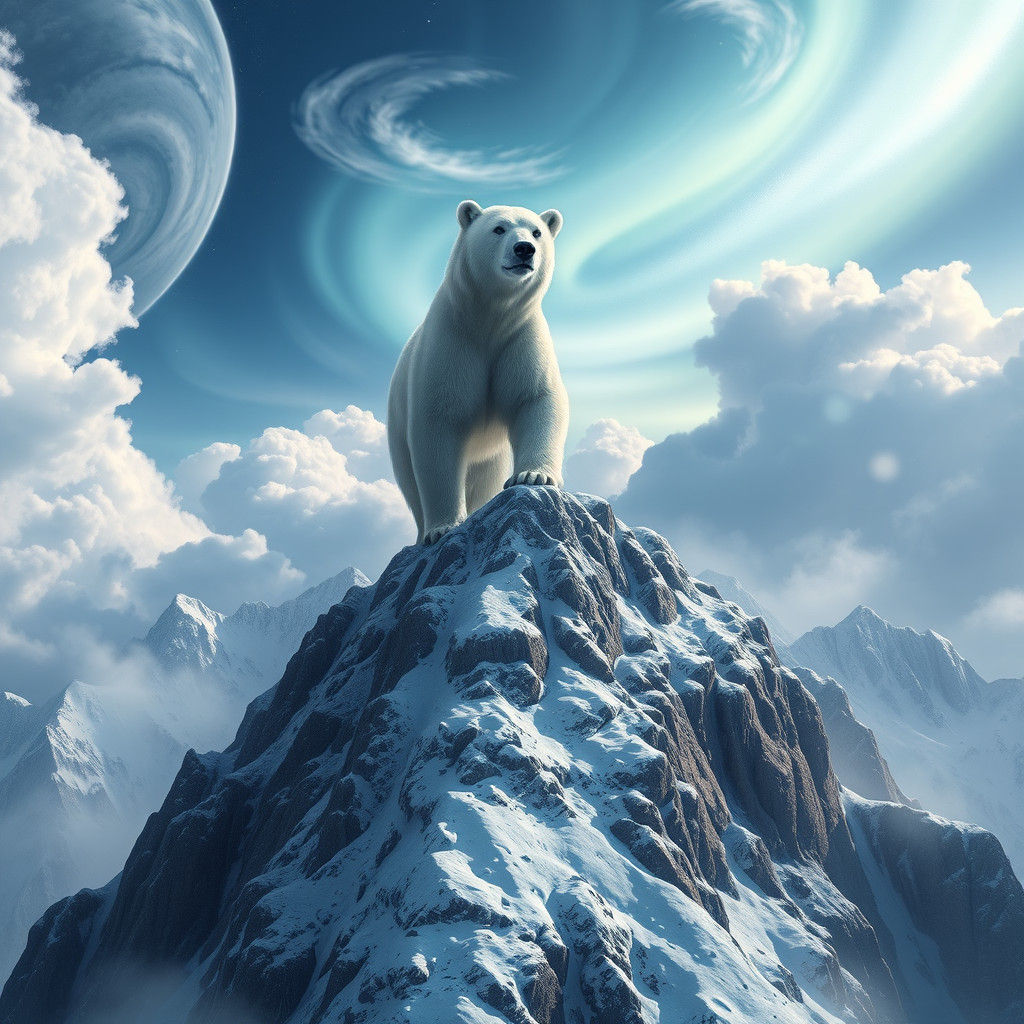 Majestic White Bear on Snow Mountain Under Aurora