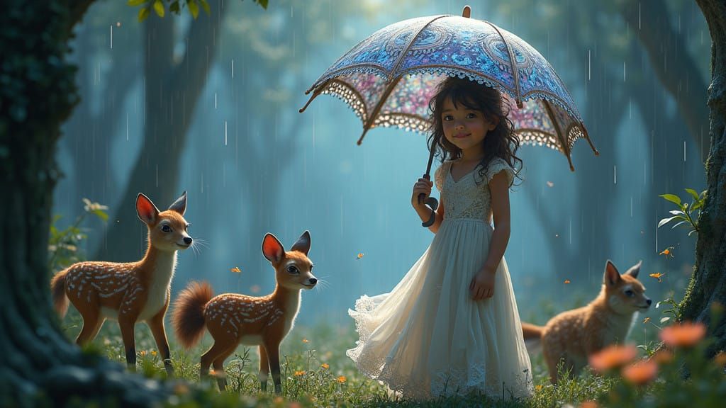 Girl Protects Fantastical Forest Creatures with Oversized Um...