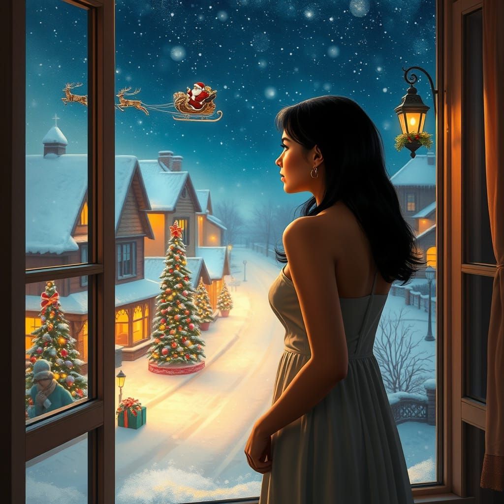 Latin American Woman Admires Magical Christmas Scene