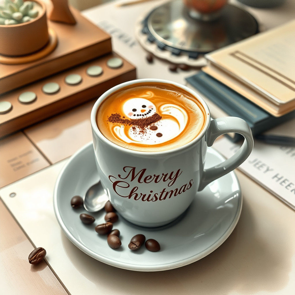 Festive Latte with Snowman Art in Watercolor Style