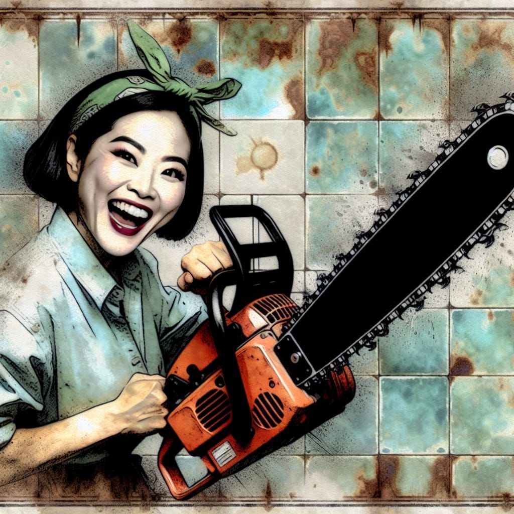 Lumberjill Portrait with Chainsaw in Grungy Watercolor Style
