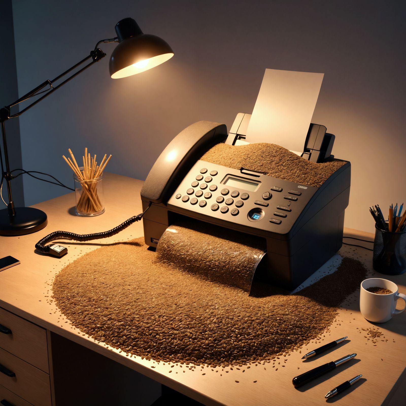 Fax Machine Covered in Flax Seeds in Office