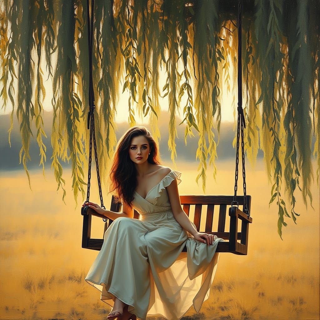 Woman on Swing Under Willow Tree in Golden Light