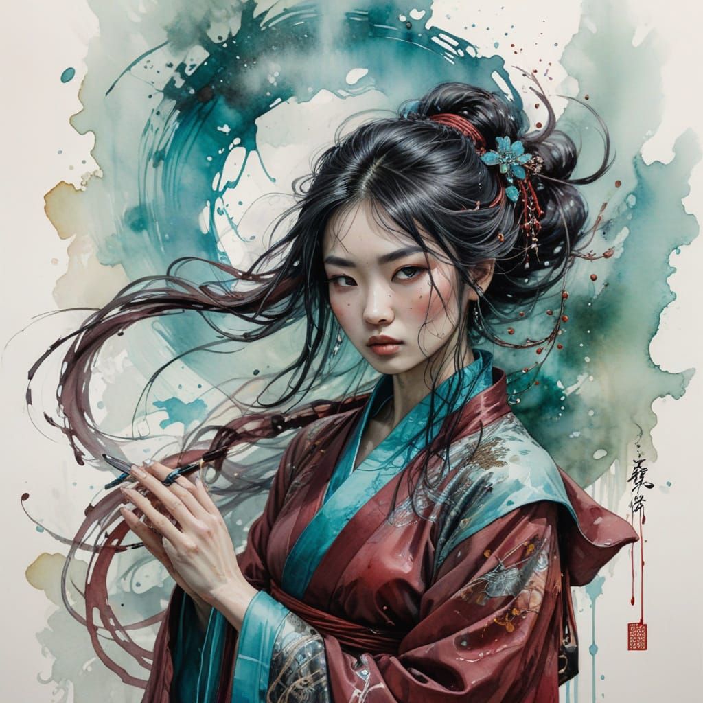 Chinese Sorceress Warrior in Inked Watercolor Style