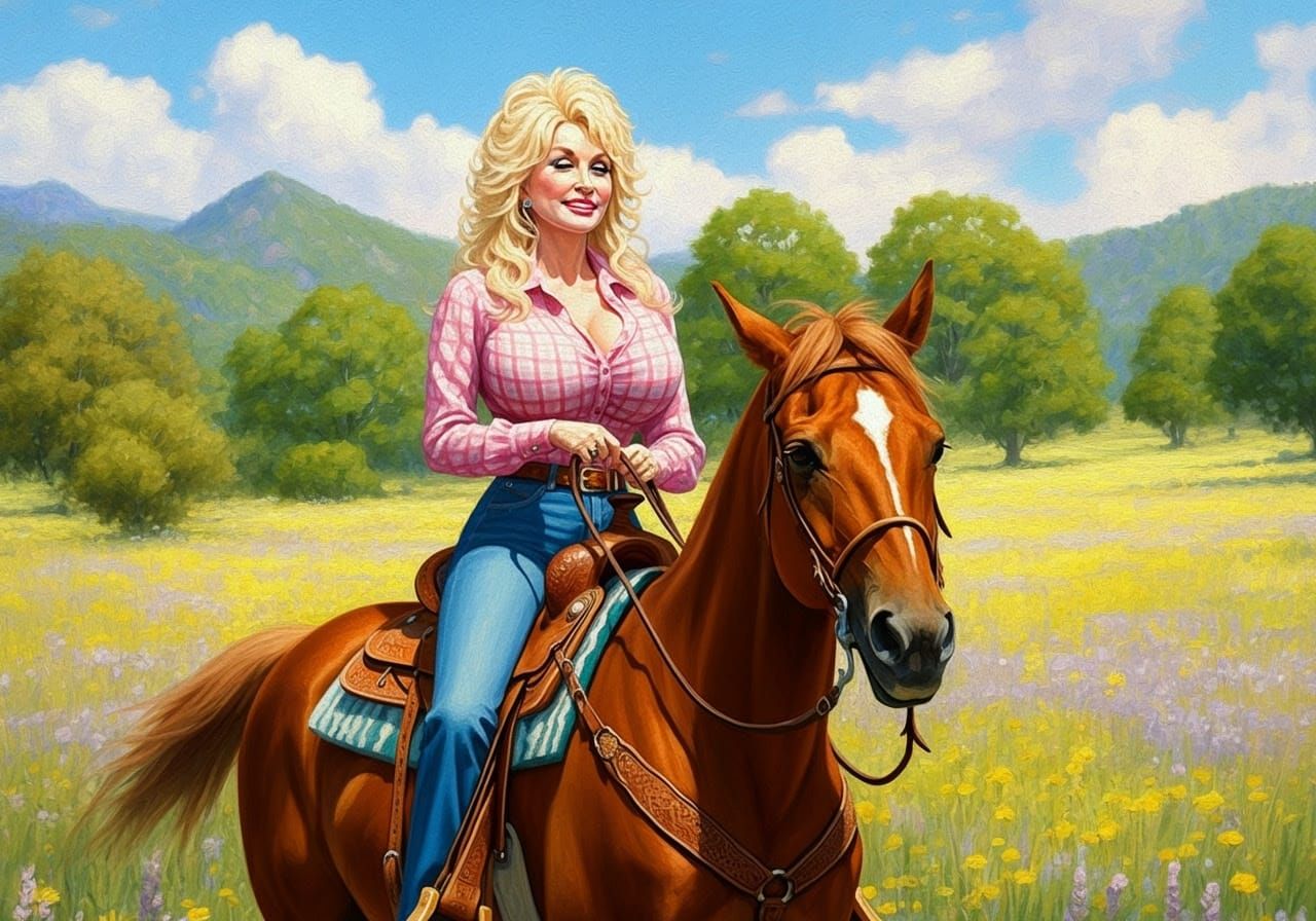 Cowgirl in Sunny Meadow Oil Painting